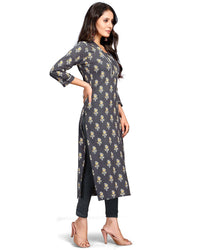 Rajnandini Women's  Grey Coloured Pure Cambric Cotton Jaipuri Printed Kurti