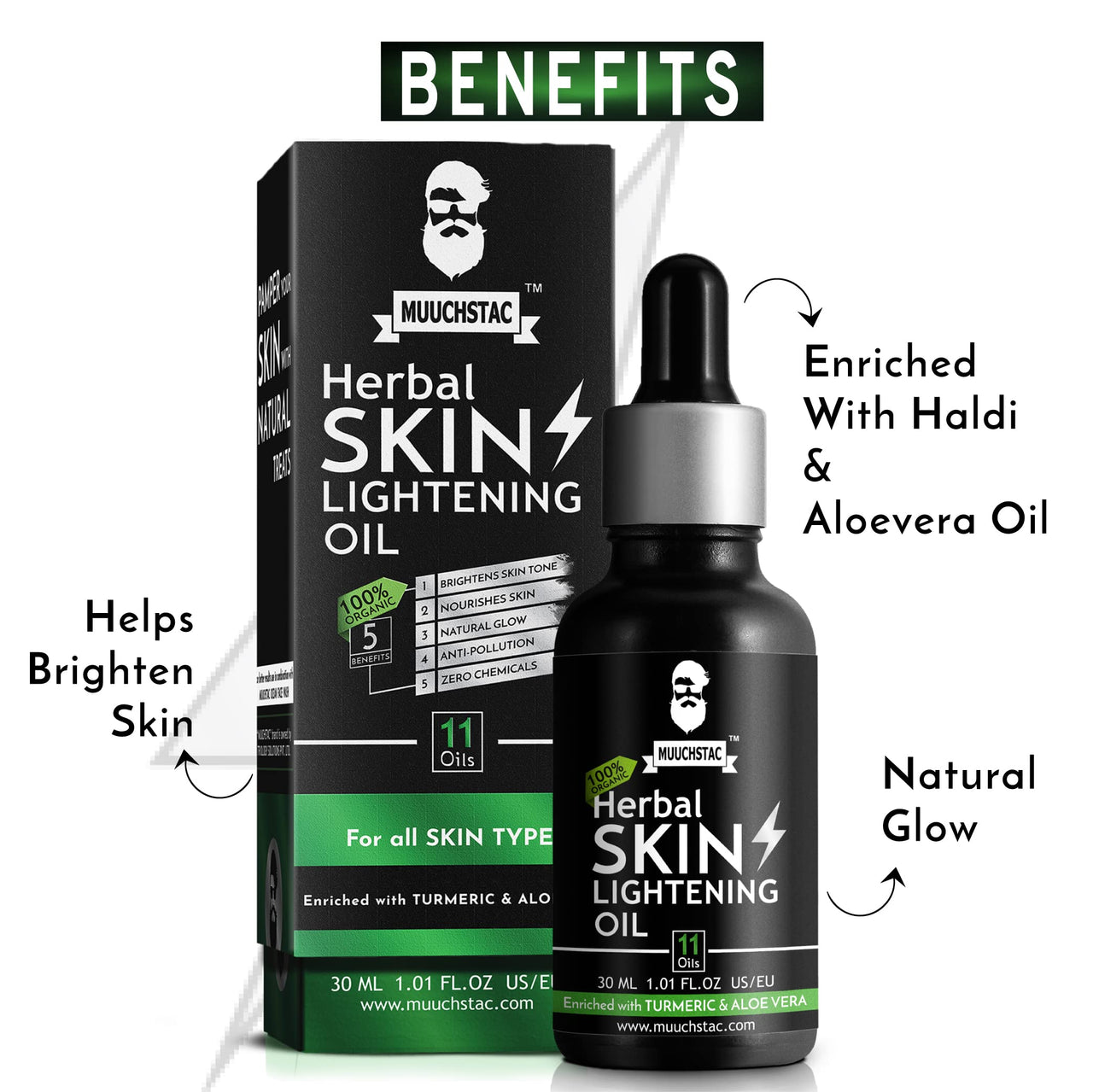 Muuchstac Herbal Skin Lightening Face Oil for Men | Bright & Even Skin Tone, Deeply Hydrates & Nourishes Skin, Promotes Healthy Skin Glow | 30 ml