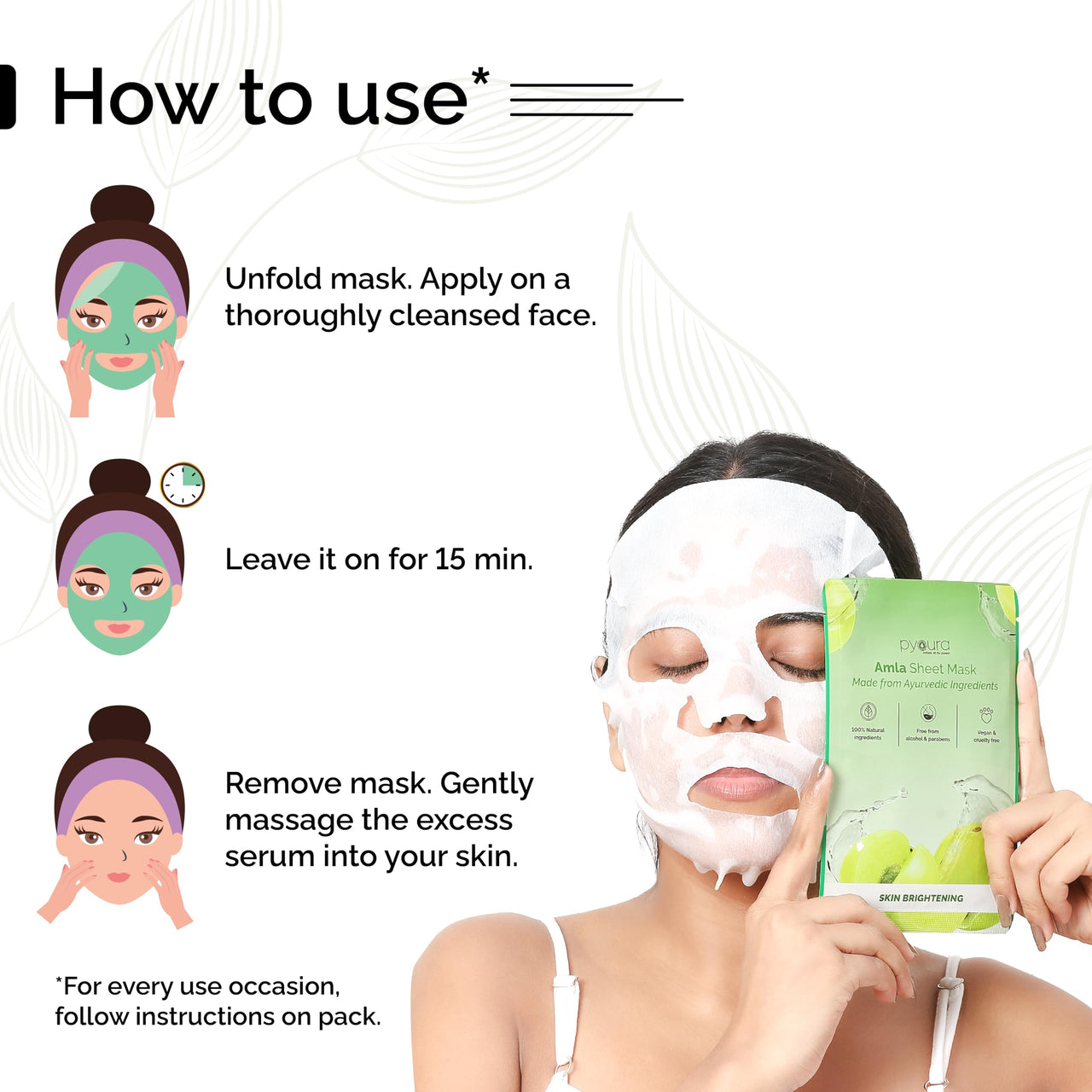 PYOURA Amla Revitalizing Face Sheet Mask, Pure Amla Extract, Alcohol & Paraben-Free, Refreshes Skin, Reduces Dullness, Brightens Skin Tone, Vegan & Cruelty-Free | Pack of 2, Each 23g