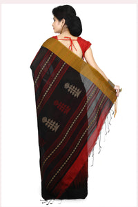 WoodenTant Women’s Ikkat Cotton Silk Saree In Pink with White Cotton Thread work