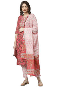 Janasya Women's  Pink Cotton Kurta Set with Pant and Dupatta