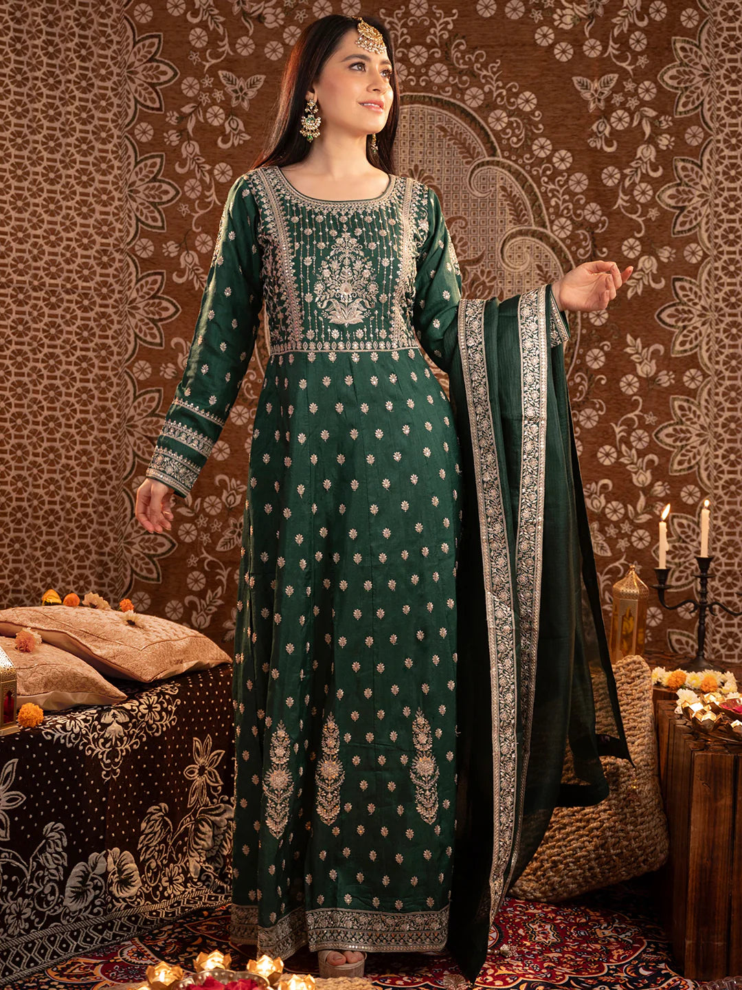 Libas Art Bottle Green Embroidered Silk A-Line Kurta with Trousers & Dupatta