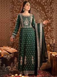 Libas Art Bottle Green Embroidered Silk A-Line Kurta with Trousers & Dupatta