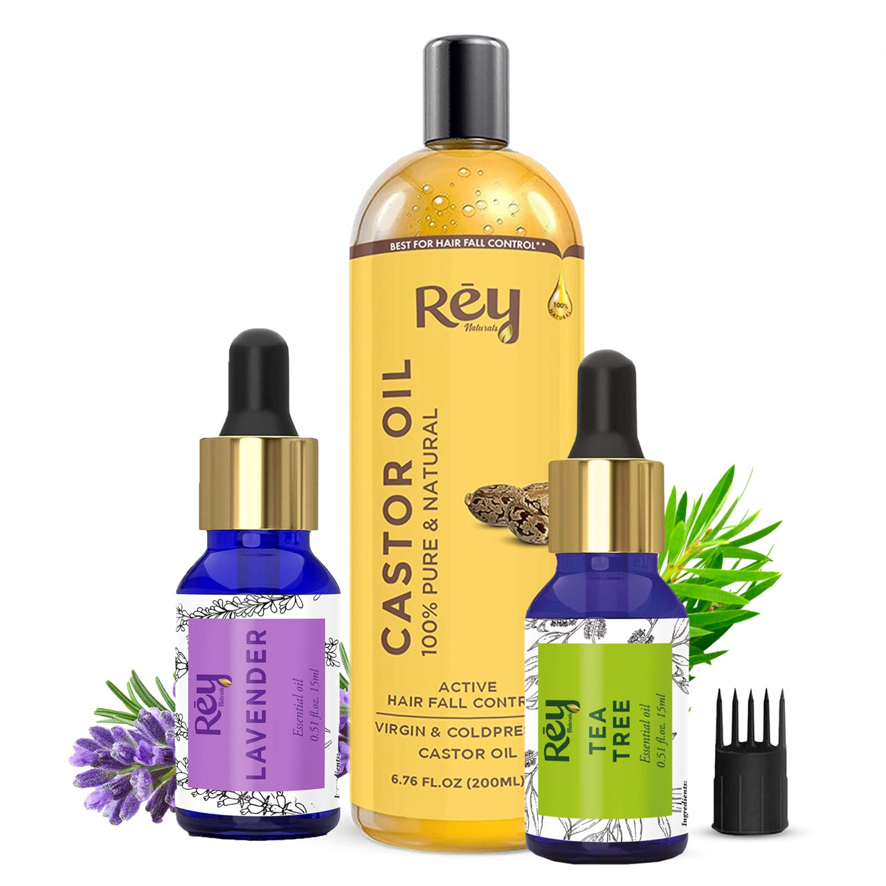 Rey Naturals Cold Pressed Castor Oil For Hair Growth (200ml), Tea Tree Oil For Hair and Lavender Oil For Hair Growth & Shiny Hair (15ml Each) | Lavender Essential Oil DiffuserTea tree Oil For Face &