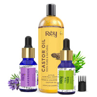 Rey Naturals Cold Pressed Castor Oil For Hair Growth (200ml), Tea Tree Oil For Hair and Lavender Oil For Hair Growth & Shiny Hair (15ml Each) | Lavender Essential Oil DiffuserTea tree Oil For Face &