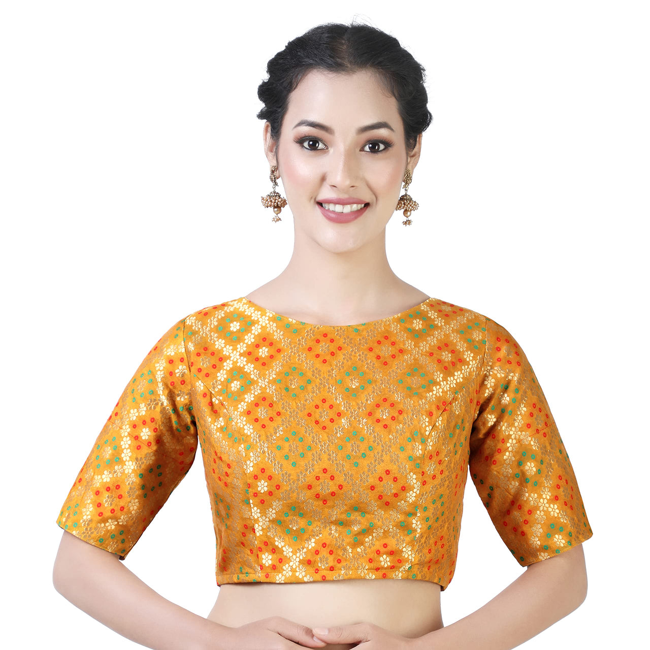 X3 Women's  Brocade Zari Weaving Elbow Length Sleeves Saree Blouse