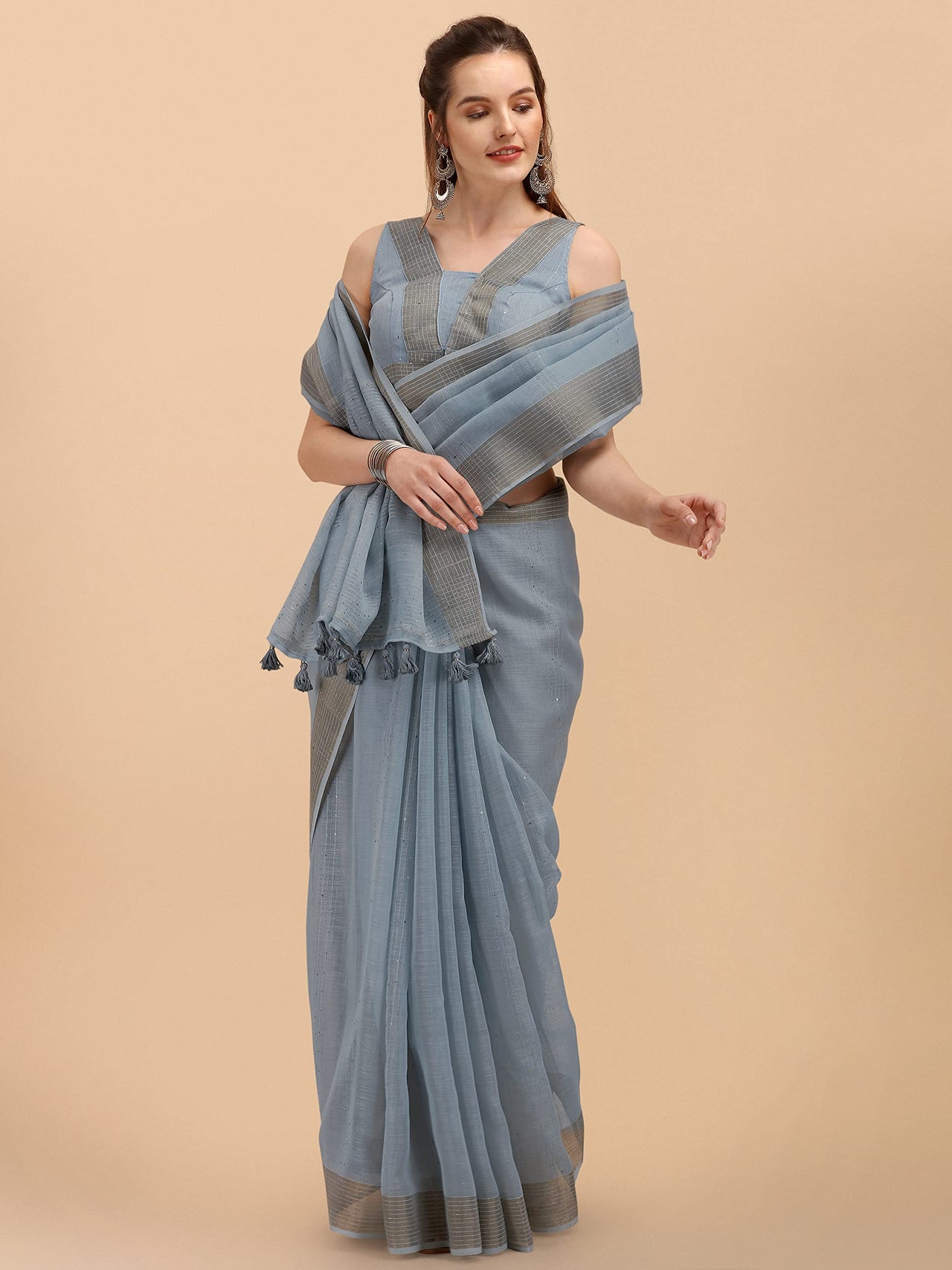 DUNGRANI Women's  Linen Saree With Blouse Piece