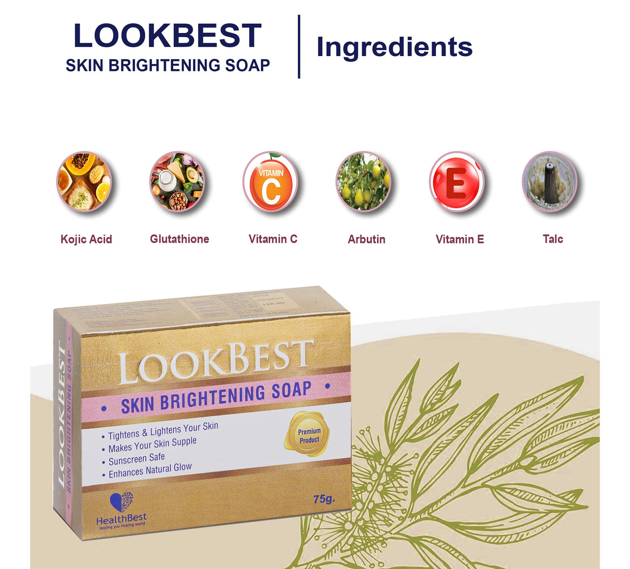 HealthBest Kojic Acid Glutathione Limited Ingredient Whitening Soap For Men & Women - Vitamin C, Kojic Acid, Glutathione, Anti-Aging, Skin Brightening, Dark Spot Remover, Detan Soap - Pack of 3