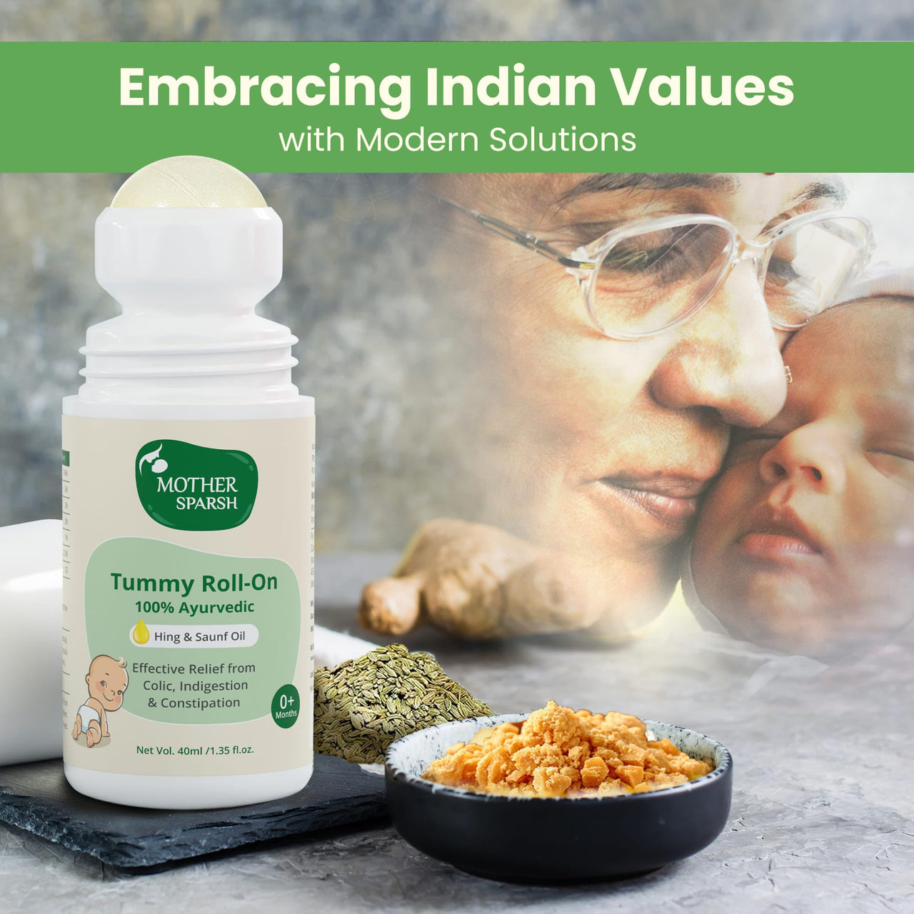 Mother Sparsh Tummy Roll On For Baby, Colic Relief, Constipation and Indigestion With Hing & Saunf | 100% Ayurvedic - 40ml