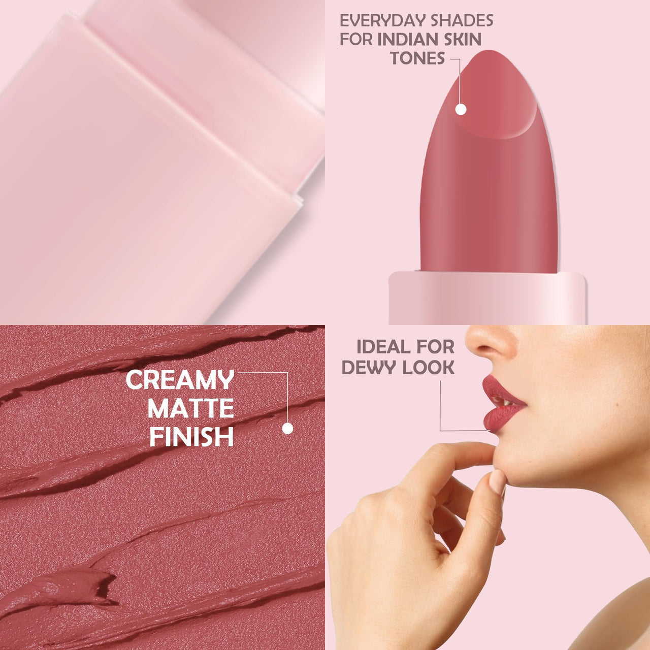 Glamveda Creamy Matte Long Lasting Lipstick with Ceramides & Peptides, Lightweight, 12 Hour Wear, Smudgeproof & Transferproof - Dream Pink 303