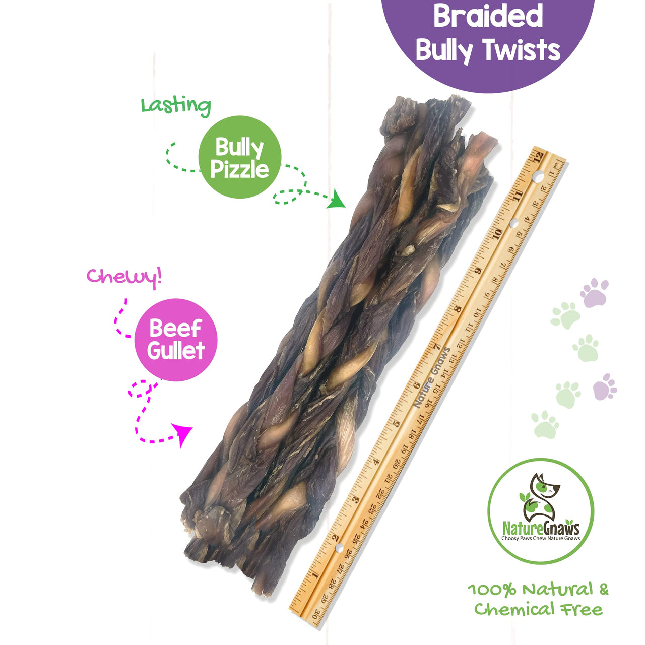 Nature Gnaws - Braided Twists for Dogs - Premium Natural Beef Dog Chew Treats - Combo of Bully Sticks and Beef Gullet - Long Lasting Training Reward 5 Count (Pack of 1)