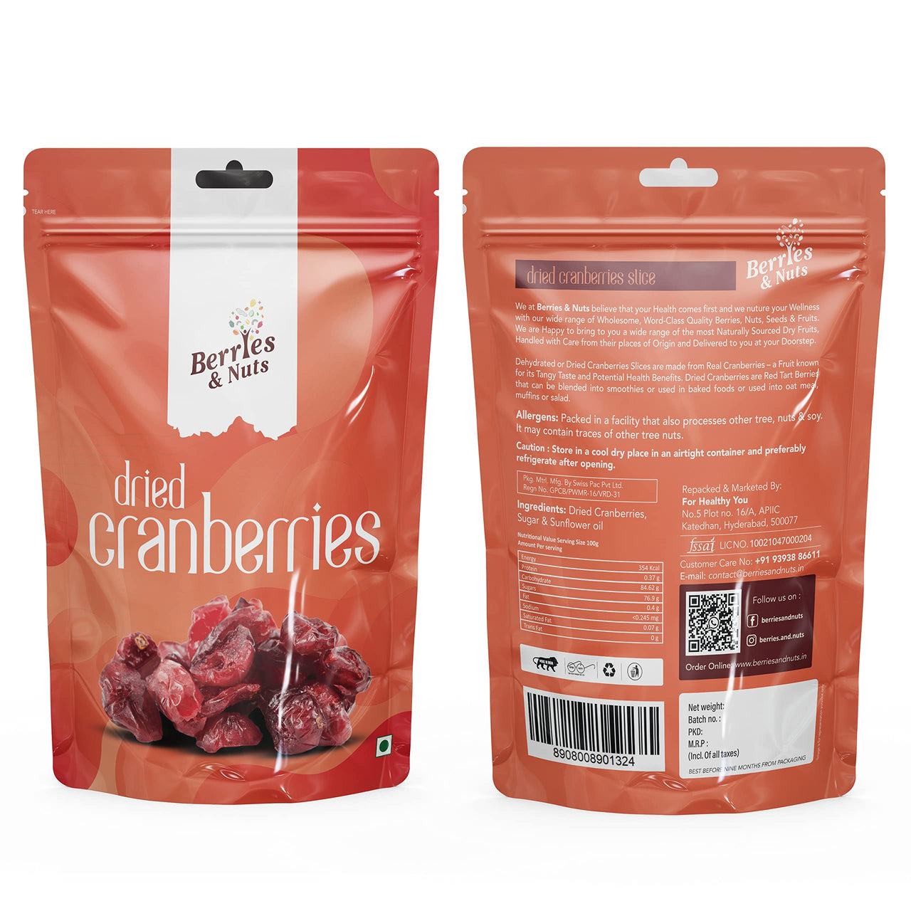 Berries And Nuts Premium Whole Dried Cranberries | Antioxidant Rich, Immunity Booster | 1 Kg