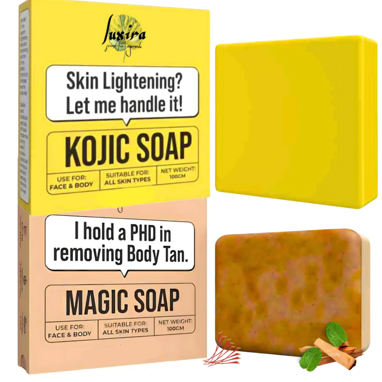 Chandan & Kesar Bath Soap,Pigmentation, Sun damage,Brightening Underarm & Reduces Dark Spot,Kojic Acid Soap,Skin Brightening Soap For Men & Women(1-Magic Soaps & 1 Kojic Soaps)
