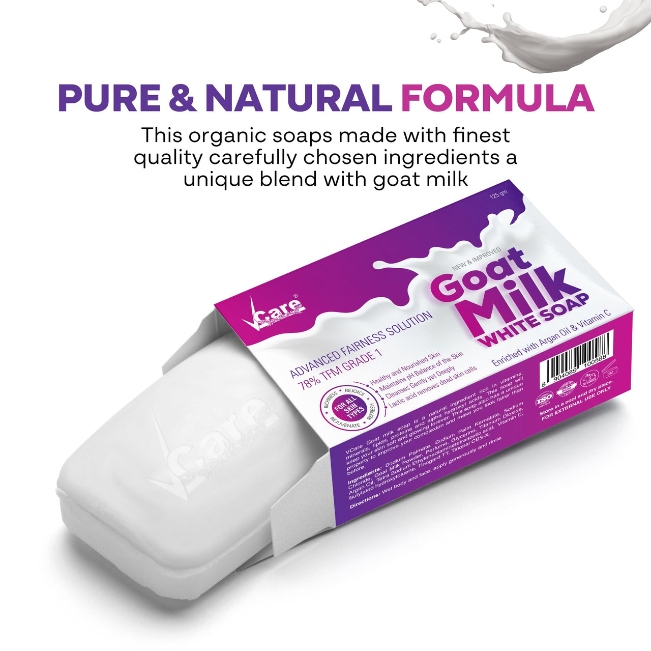 VCare Goat Milk White Soap, 125 gm, (Pack of 2), Enriched with Argan Oil & Vitamin C-Best soap for skin Hydration & Nourishment