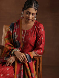 Red Woven Design Silk Blend Straight Suit with Dupatta