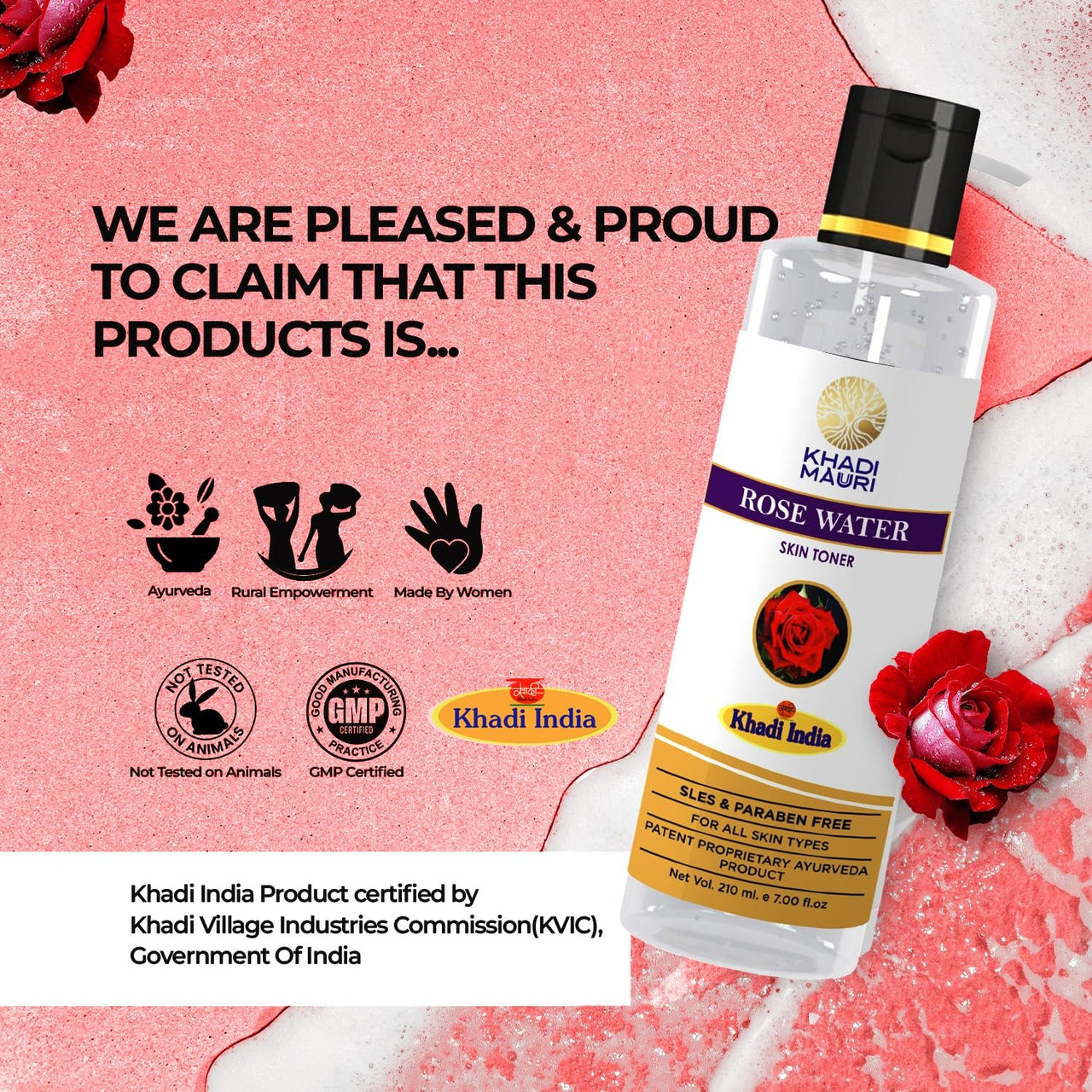Khadi Mauri Herbal Rose Water - Herbal Gulab Jal Skin Toner, Tightens Pours, Smoothen Skins & Fights Damage - 210 ML