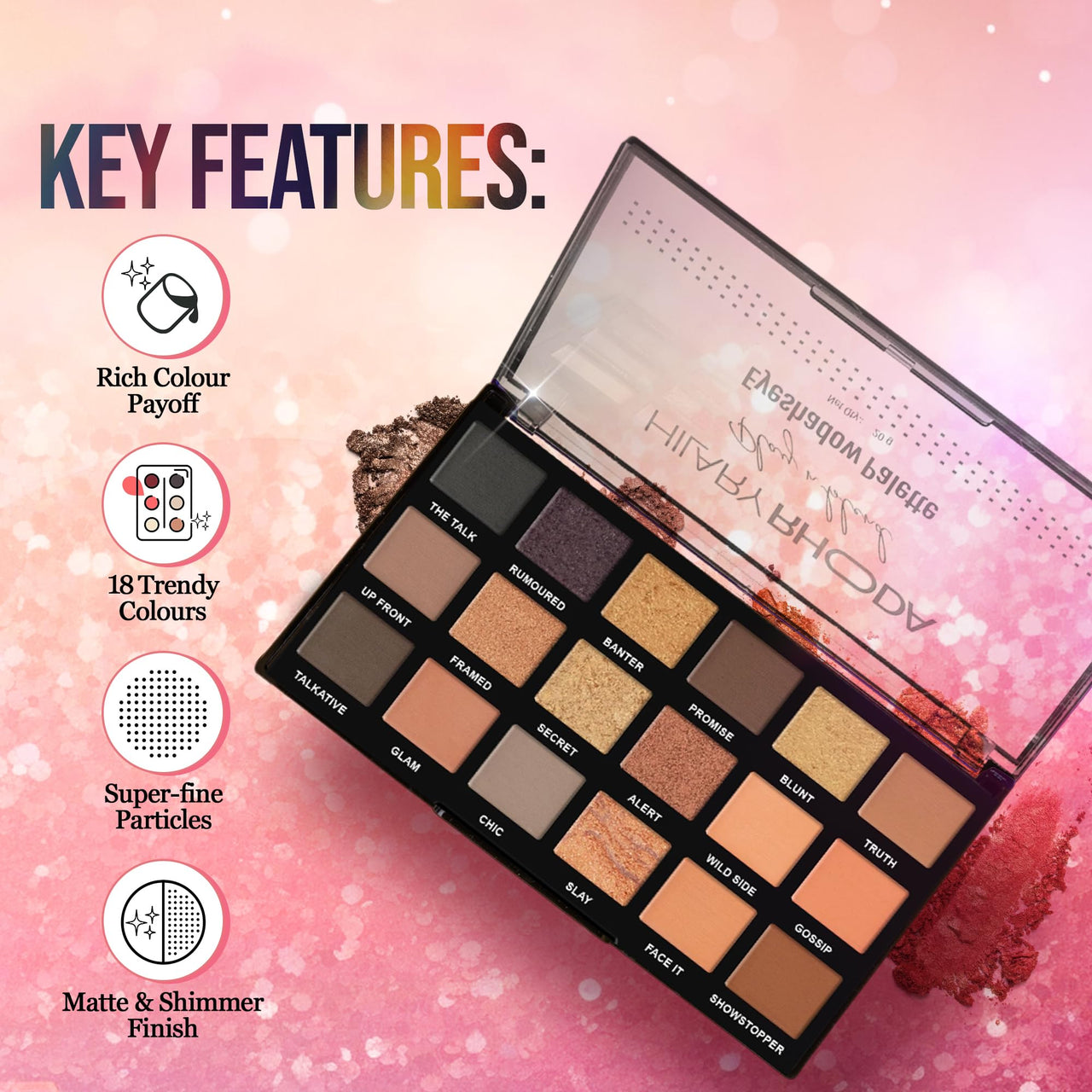 Hilary Rhoda Play N Blend Eyeshadow Palette | Matte & Shimmer Finish | Super-Fine Particles | 18 Trendy Colours | Available In 2 Variants | Blends Easily - 20g (Iconic- Shade 02)