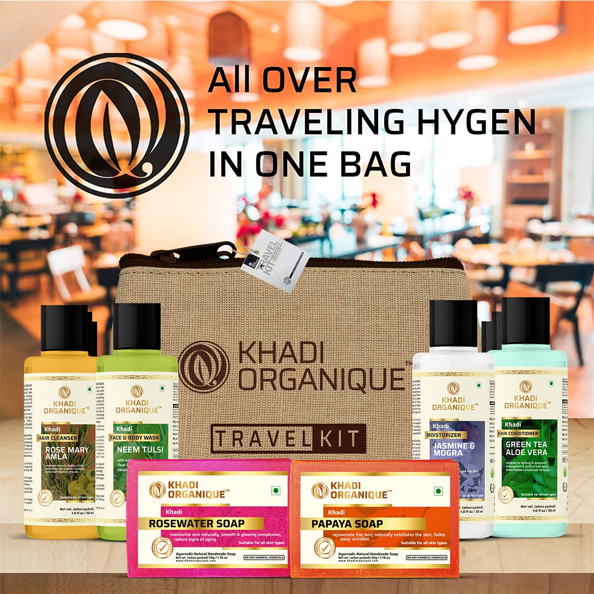 khadi Organique Grooming Travel Kit Men & Women (2 Soap X 50gm each, 1 Shampoo 30ml,1 Conditioner 30ml, 1 Moisturiser 30ml, 1 Face Wash 30ml) 6 pcs in Set (Travell Kit Pack of 1))