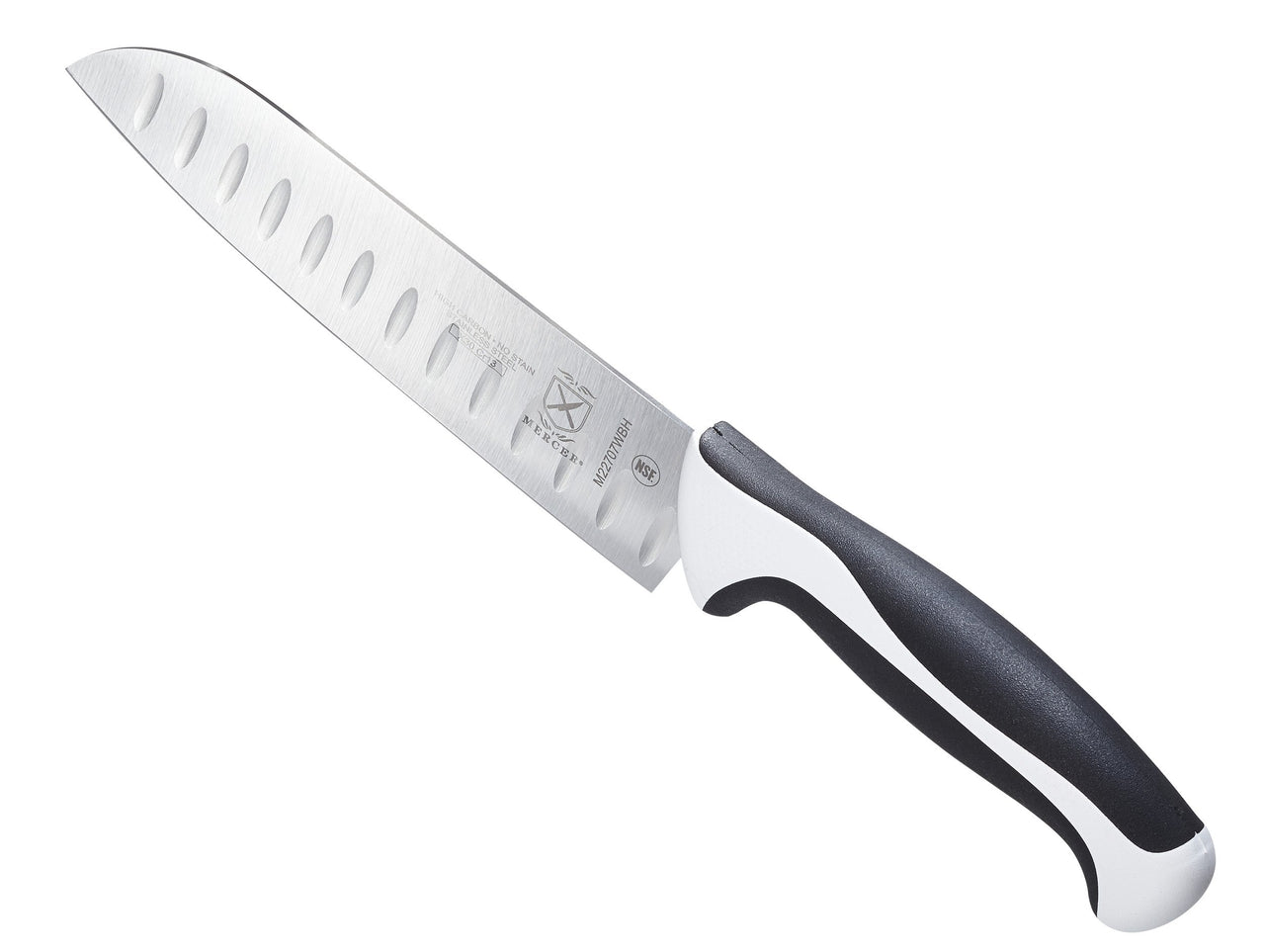 Mercer Culinary White Millennia Handle, 7" Santoku Knife (Granton Edge) Granton Edge Santoku Knife 7" Santoku Knife (Granton Edge)