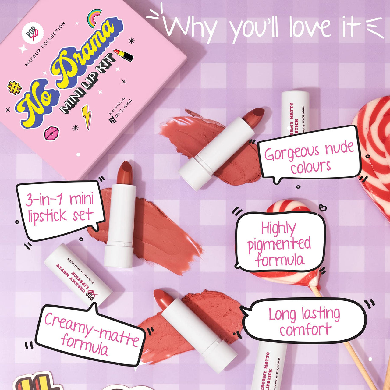 MyGlamm POPxo Makeup - Mini Lip Kit - No Drama - 7.5gm (Set of 3) | Creamy Matte Nude Lipsticks | Long Lasting & Pigmented