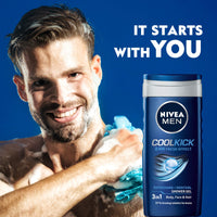 NIVEA Men Body Wash, Cool Kick with Refreshing Icy Menthol, Shower Gel for Body, Face & Hair, 250 ml