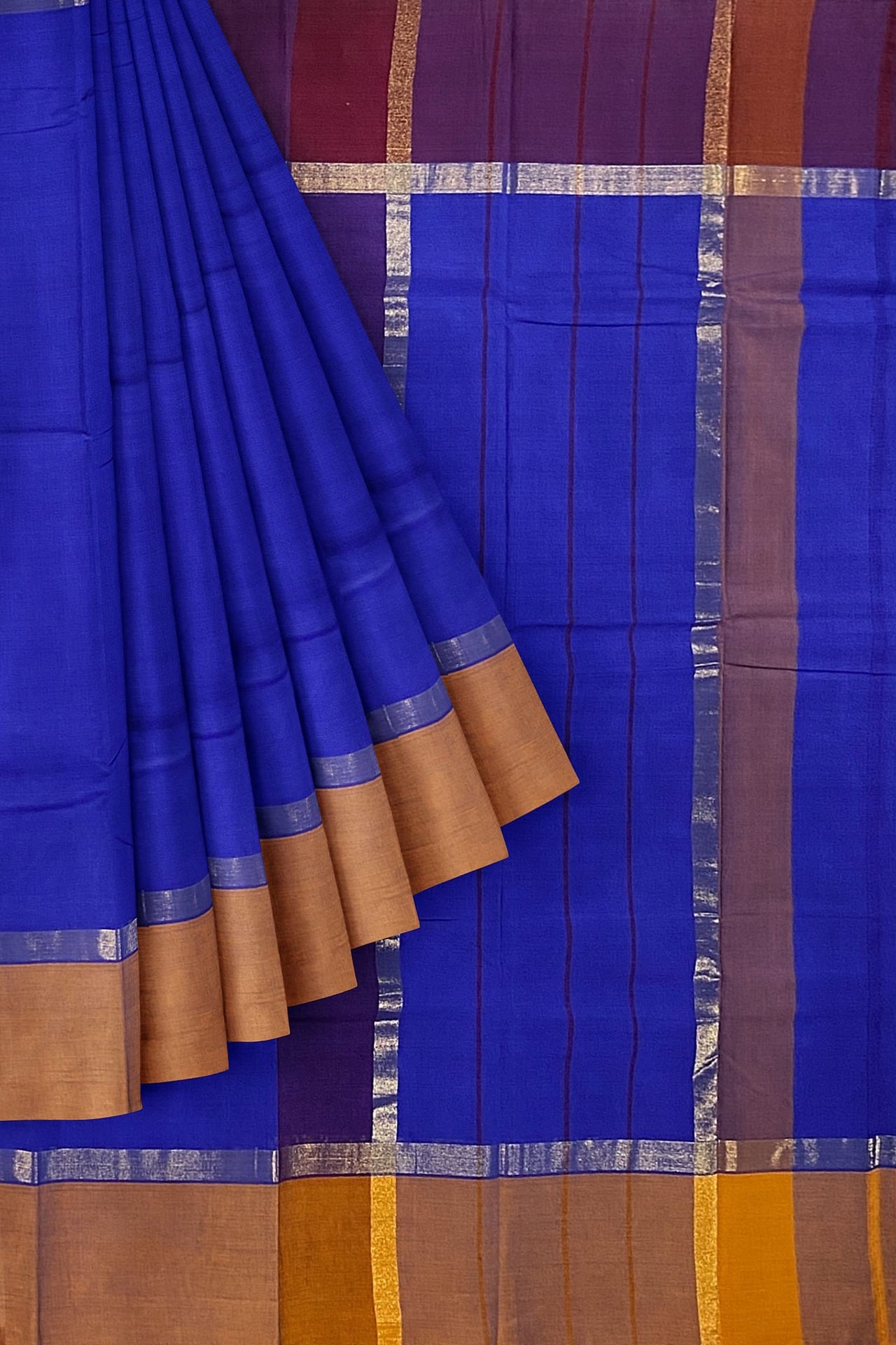 SENSAN Women’s Handloom Kanchi Cotton Saree with Blouse Piece [SKU:430] Light Beige×Navy Blue