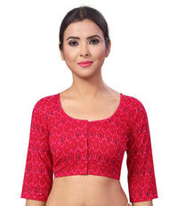 X3 Ikat Printed Pure Cotton Saree Blouse With Elbow Length Sleeves Back.