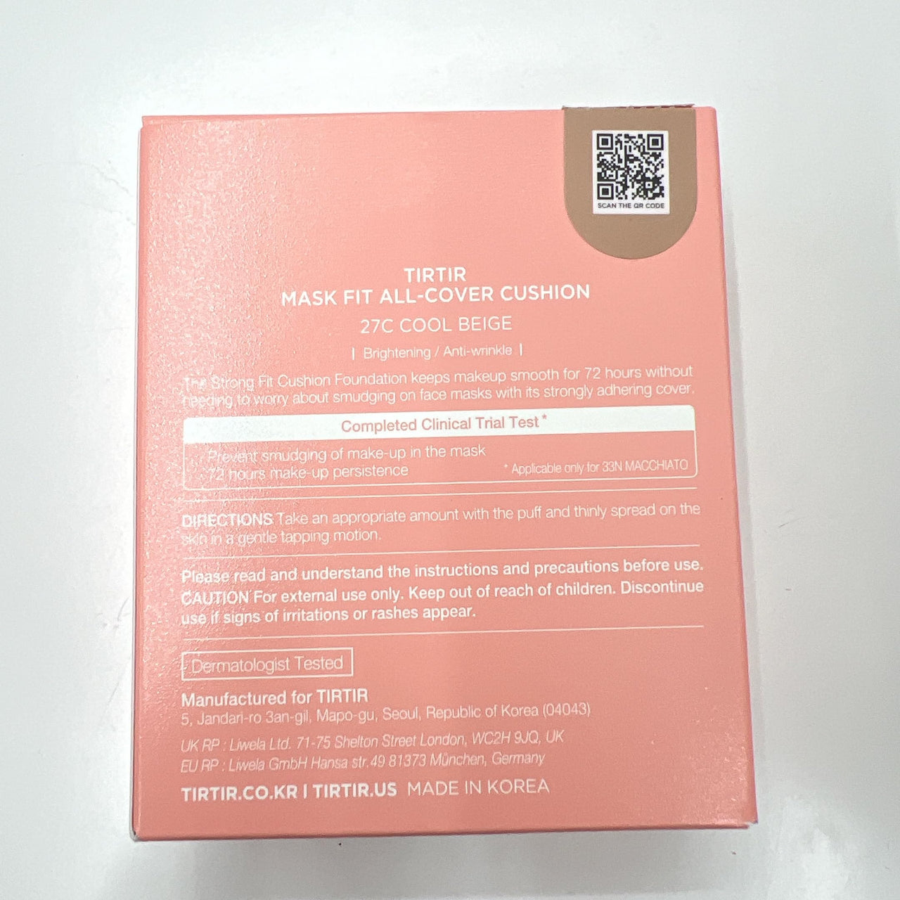 TIRTIR Mask All-Cover Cushion Foundation | Full coverage, Skin fit, Satin Glow Finish | Korean Cushion Foundation #27C COOL BEIGE | 18g