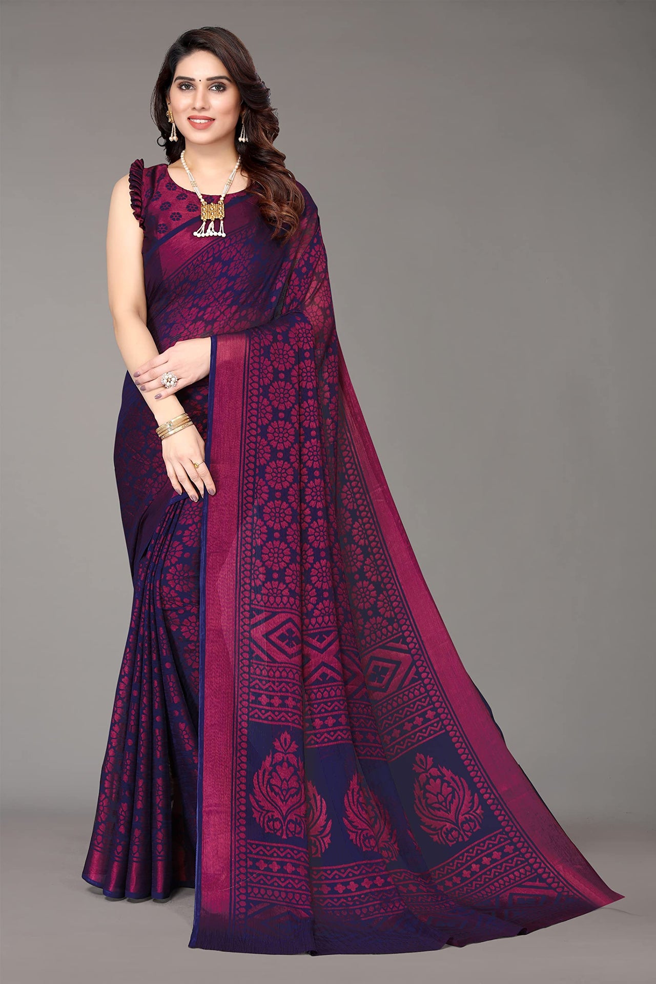 Winza Designer Women's  Chiffon Brasso Printed Saree with Blouse Piece (WDP Brasso Malini W)