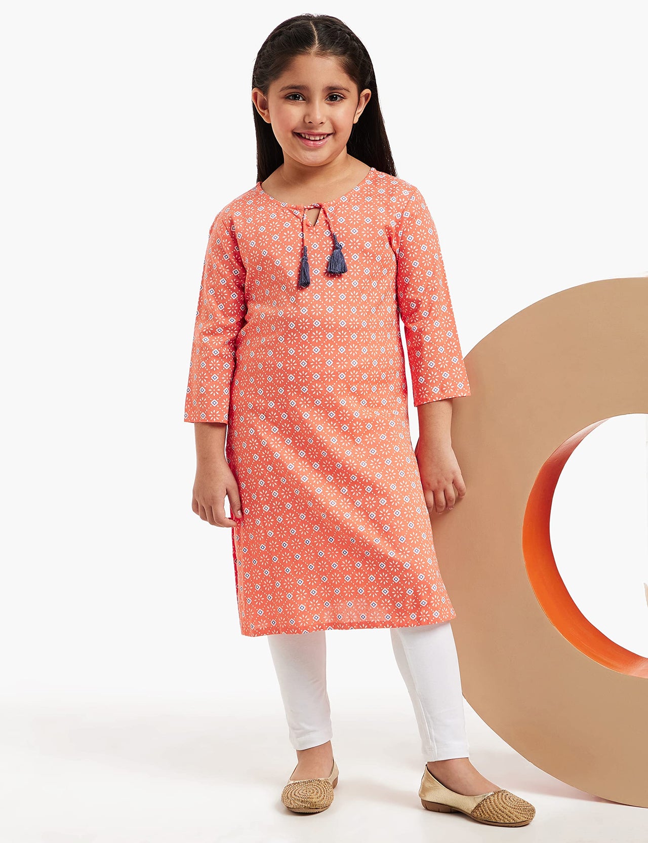 Amazon Brand - Jam & Honey Girl's  Cotton Regular Short Kurti PEACH 2 2 Years-3 Years