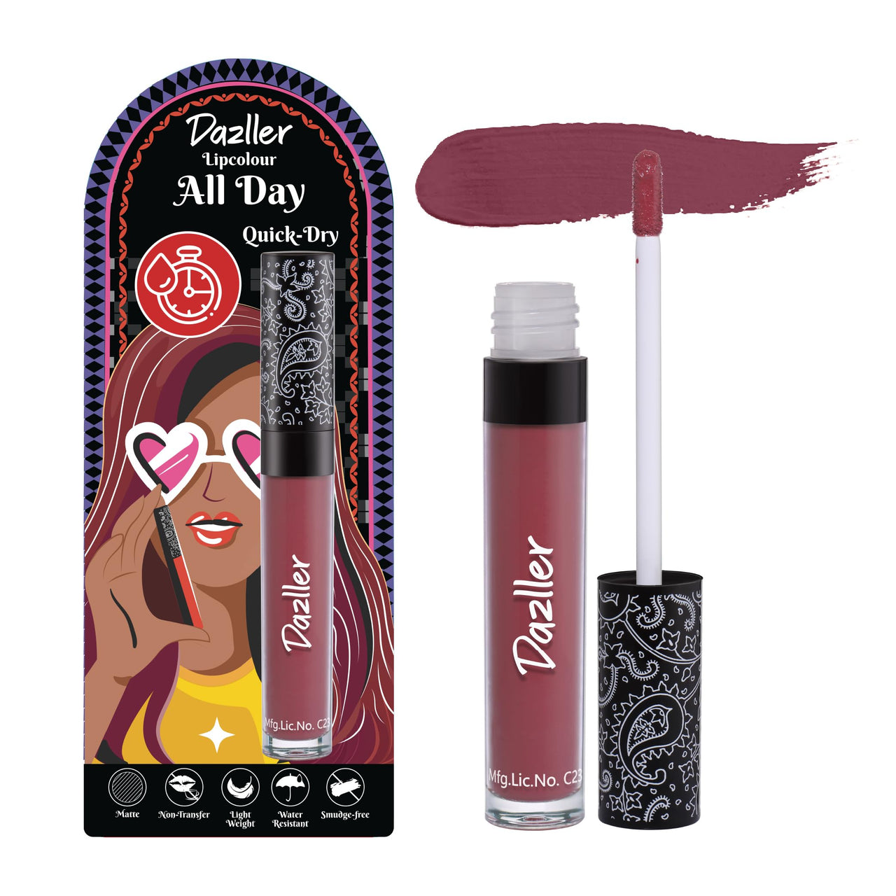Dazller All Day Lip Colour Quick Dry | Long-Stay | Lightweight | Matte Lipstick for Women | Enriched with Kokum Butter 6g (QDLC026 - Broad Berry, Quick Dry)