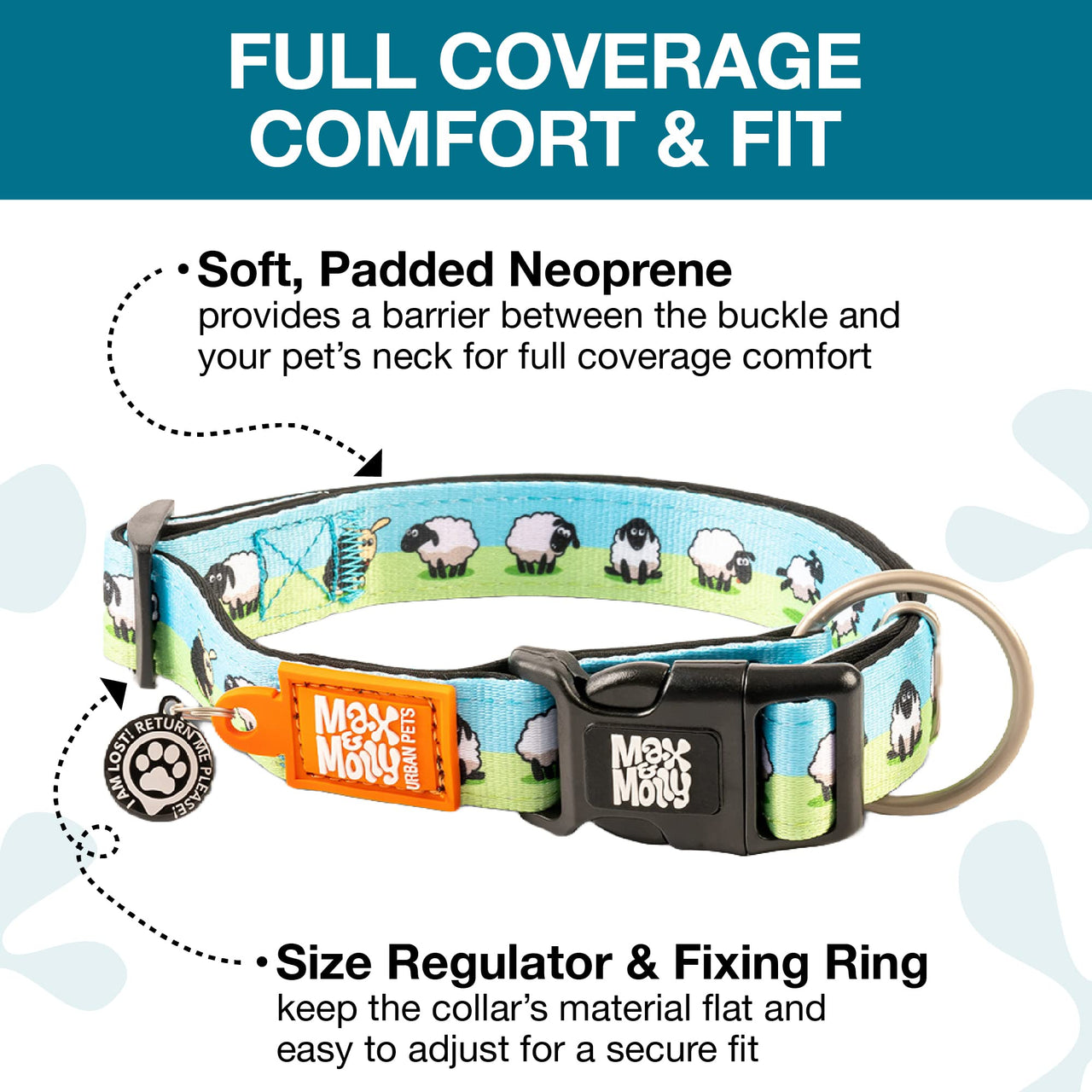 Max & Molly Soft Padded Neoprene Dog Collar w/Smart ID Gotcha! QR Pet Safety Tag, Durable, Waterproof, Anti-Stink, Machine Washable Collar for Dogs, Sheep Pattern, M