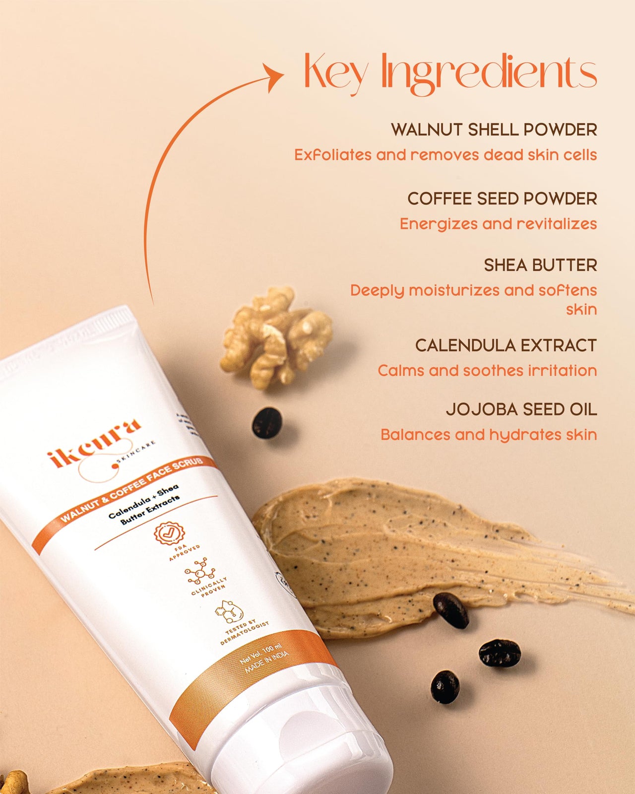 Ikcura Walnut & Coffee Face Scrub with Calendula, Shea Butter Extracts | Deep Pore Cleansing, Hydration Boost, Revitalize and Moisturizer Skin, Reduce Acne & Pimple, 100ml
