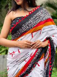 Shivanya Handicrafts Cotton Mulmul Saree for Women Attached Pom Pom Lace Red & Black 1