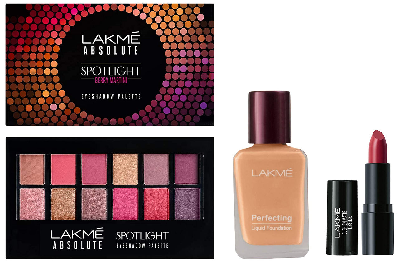 Lakmé Absolute Spotlight Eye Shadow Palette, Berry Martini, 12 g&Lakmé Cushion Matte Lipstick, Red Wine, 4.5 g&Lakmé Perfecting Liquid Foundation, 27 ml
