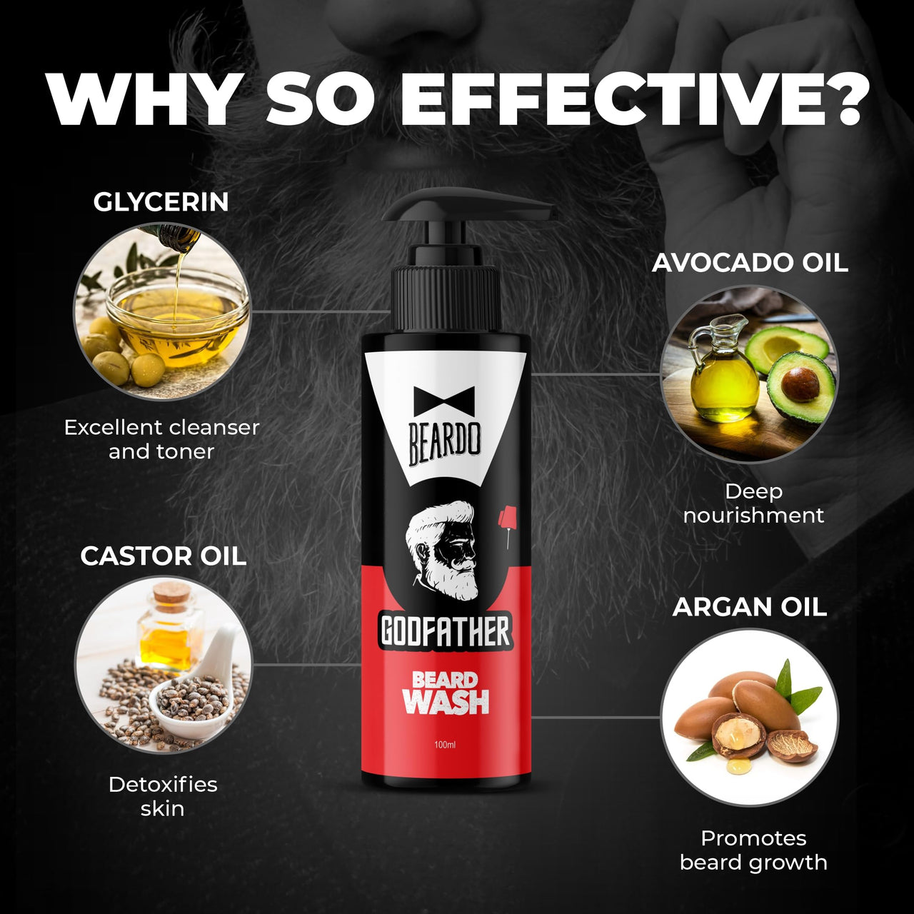 Beardo Godfather Beard Wash for men (100ml x 2) | Aromatic, Woody Scent | Purifying & Hydrating Beard and Skin Cleaner with Avocado Oil, Argan Oil | Beard Shampoo for Clean & Healthy Beard