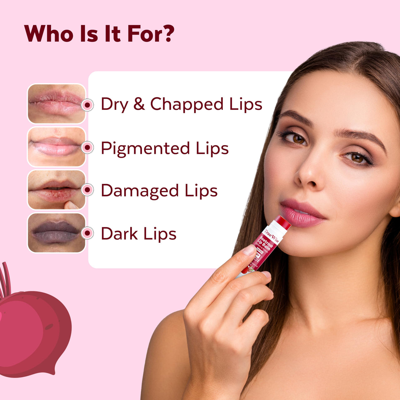 TrueWise® Tinted Lip Balm with SPF 50 PA+++ Brightening Beetroot Lip Balm For Dark Lips With Kojic Acid,Vitamin E, Soft, Glossy Lips- SPF lip balm for Women 5g (Pack Of 2)