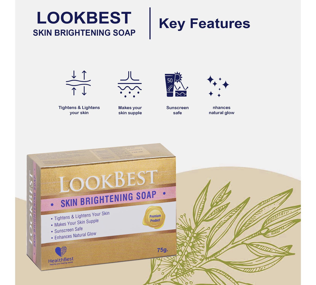 HealthBest Kojic Acid Glutathione Limited Ingredient Whitening Soap For Men & Women - Vitamin C, Kojic Acid, Glutathione, Anti-Aging, Skin Brightening, Dark Spot Remover, Detan Soap - Pack of 3