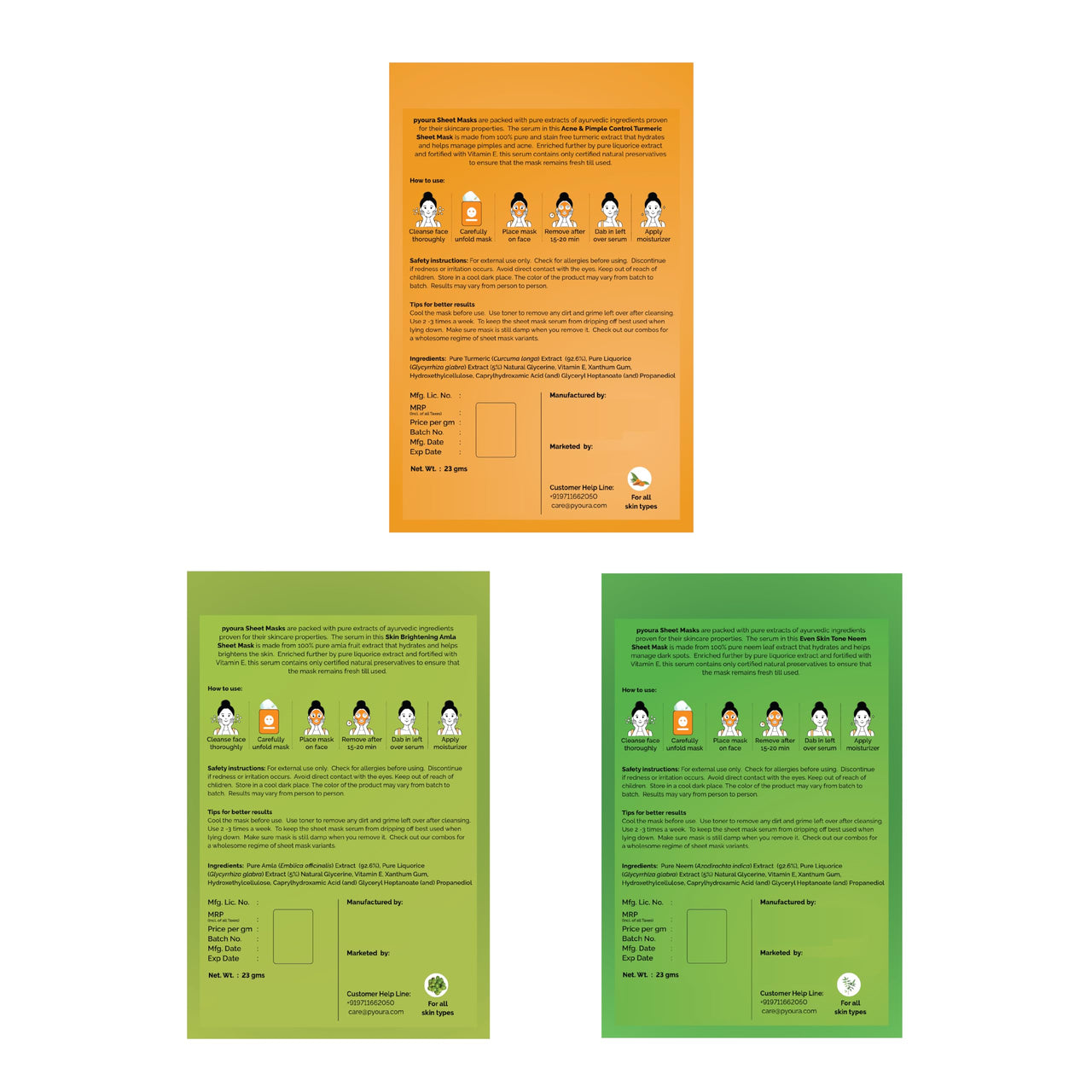 PYOURA Skin Clarifying Face Sheet Mask Combo, Skin-Refreshing & Revitalizing Neem, Turmeric & Amla, Natural, Vegan & Cruelty-Free, For All Skin Types, 3 Masks, Each 23g