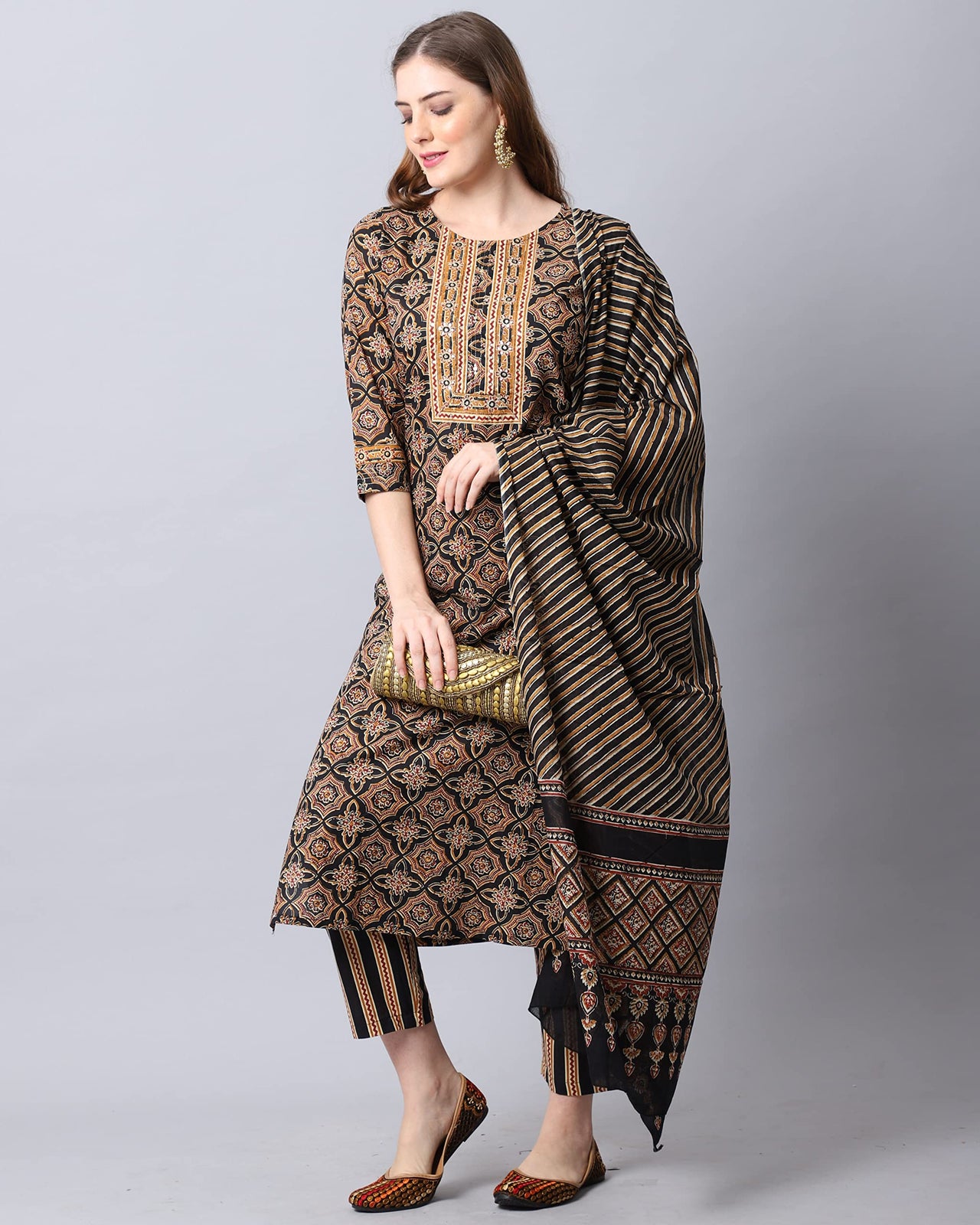 Rajnandini Women's  Black Coloured Pure Cambric Cotton Jaipuri Embroidered Kurta Set With Dupatta