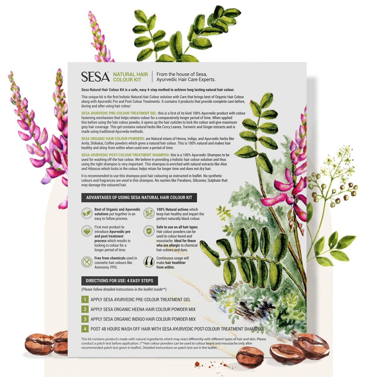 SESA 4 Step Natural Hair Colour Kit - For HIGH GREY% - 100% Organic & Ayurvedic - NO Ammonia, PPD, Peroxide, 200gm + 40ml