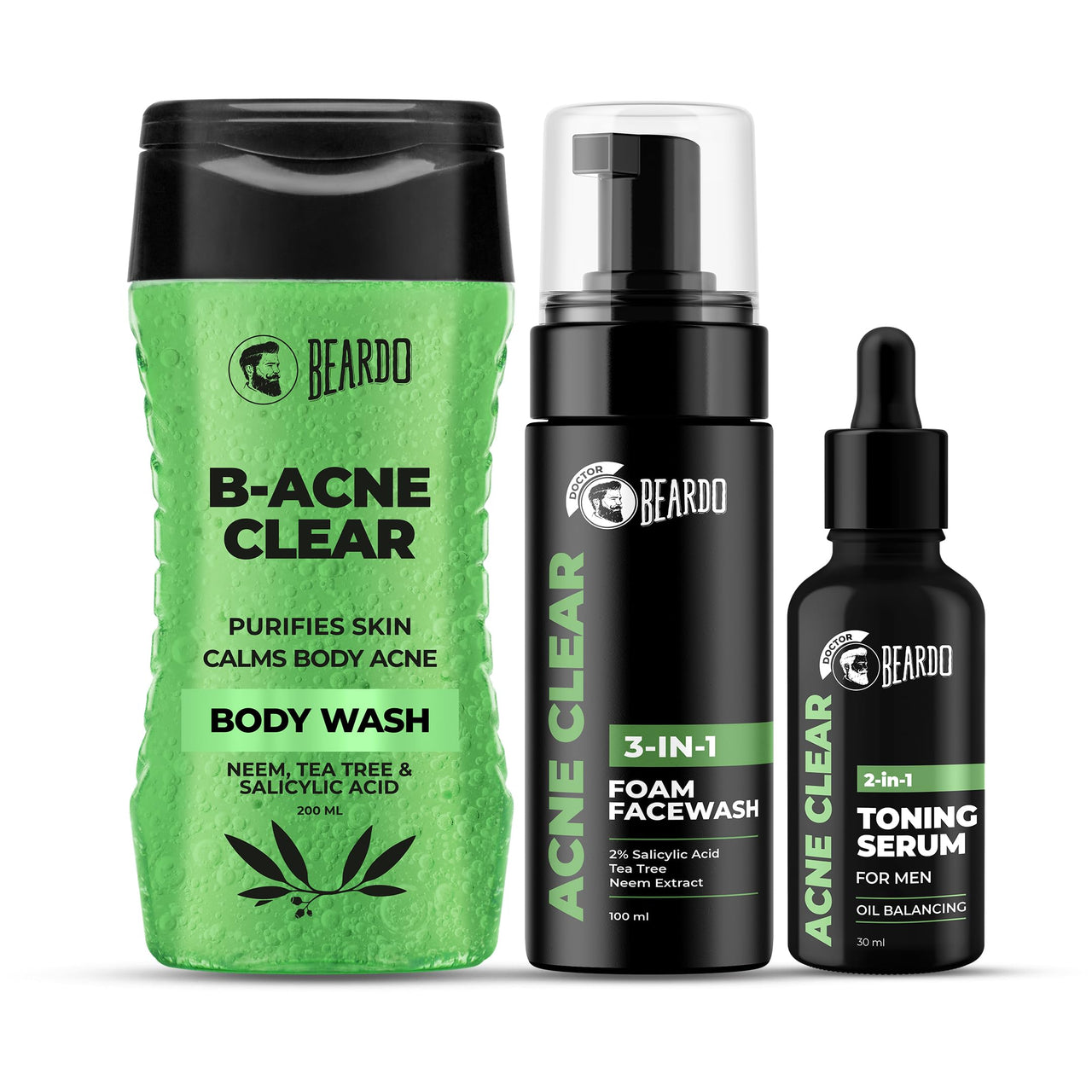 BEARDO Bd Ecb Bd B-Acne Clear Body Wash 200Ml, Bd Acne Clear Foam Face Wash 100Ml, Bd Acne Clear 2In1 Toning Serum 30Ml (Set Of 3)