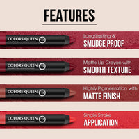 Colors Queen Color It All Lip Crayon Lipstick with Sharpener | Creamy Matte Finish | Smudge Proof & Waterproof | Long Lasting Crayon Lipstick for Women Last Upto 18 Hours (Murphy Wine,3.5g)