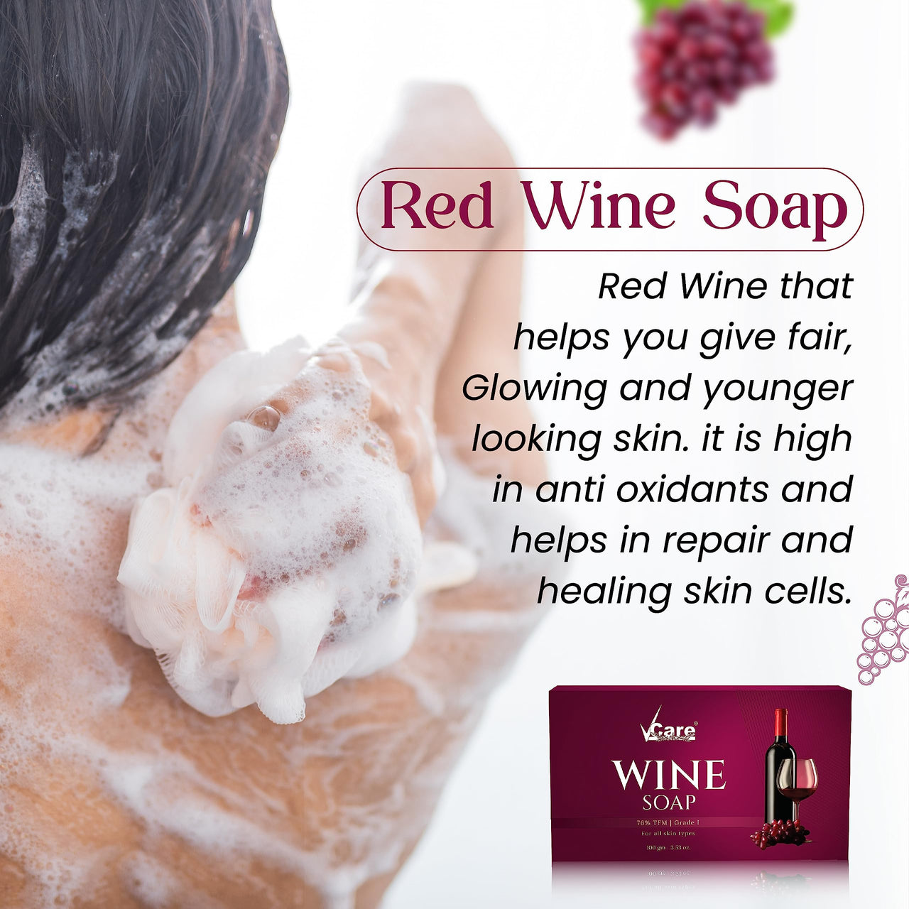 VCare Red Wine Bathing Bar/Soap for Body, Hand, Face 100 gm - Helps to Reduce Fine Lines and Wrinkles for Men and Women (Pack of 10)