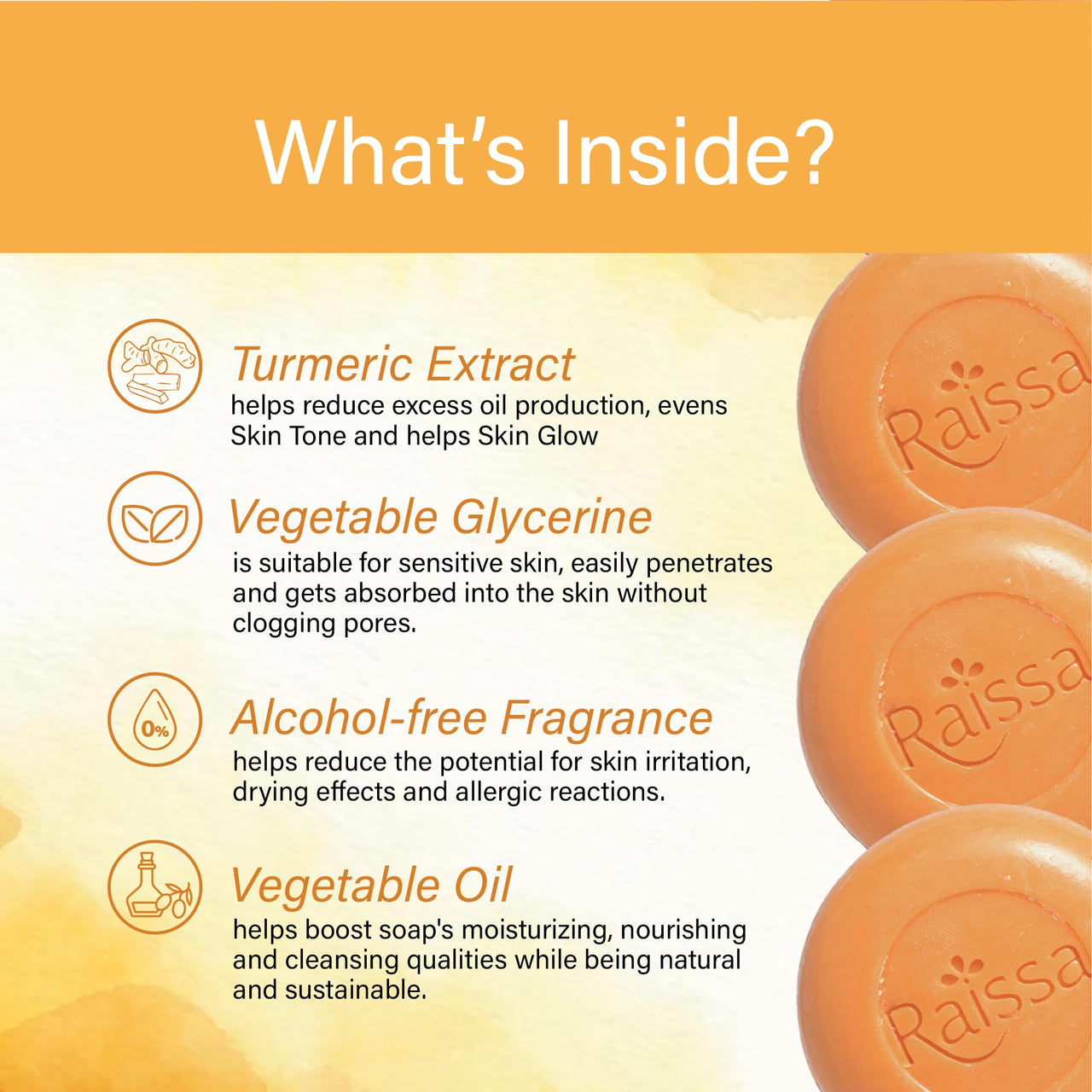 Raissa Bath Soap, 85g (Pack of 6) Vrinda Tulsi, Haldi Chandan, Sandal Raja | Alcohol-Free Fragrance | No Harsh Chemicals