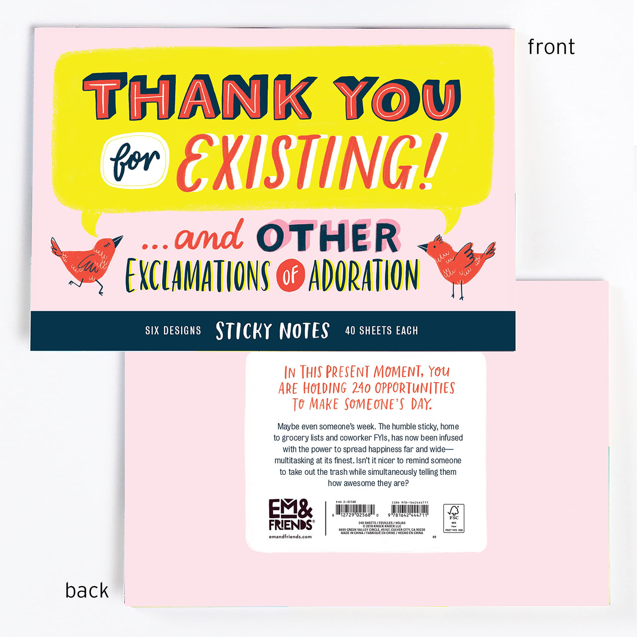 Em & Friends Thank You Sticky Note Packet, 6 Sticky Note Pads Set, 2.75 x 2.75-Inches and 40-Sheets Each