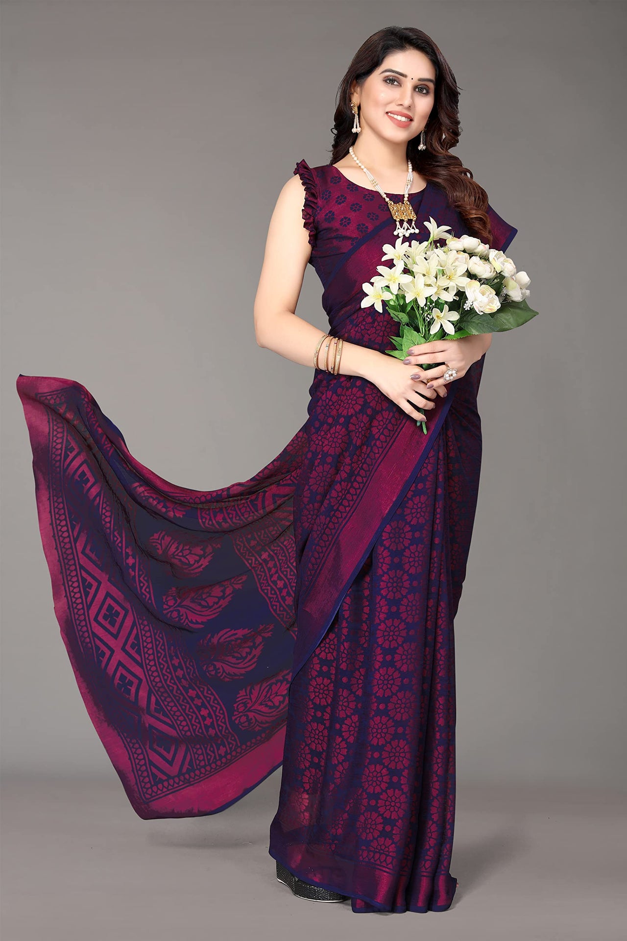 Winza Designer Women's  Chiffon Brasso Printed Saree with Blouse Piece (WDP Brasso Malini W)