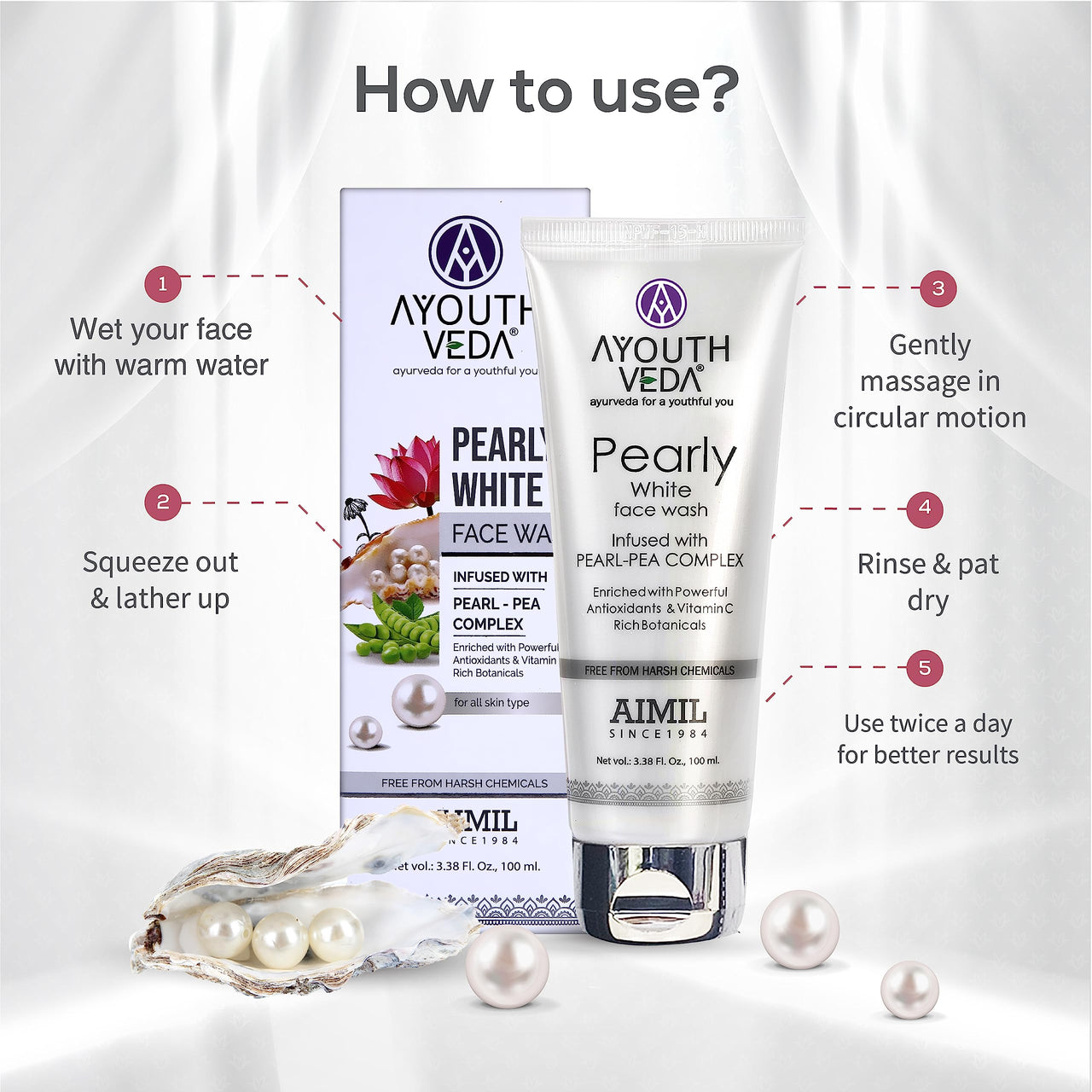 Ayouthveda Pearly White Face Wash 100 ML | Best Skin Whitening face Wash for Women and Men | Enriched With Antioxidants & Vitamin C| Suitable For Normal & Oily Skin (Pack Of 2; 100ml each)