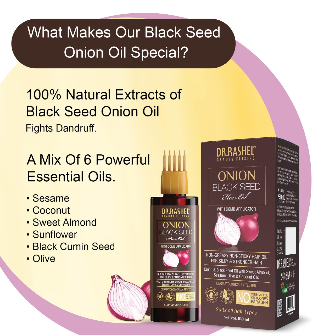 DR.RASHEL Onion Oil - Black Seed Onion Hair Oil With Comb Applicator - Controls Hair Fall - No Mineral Oil, Silicones & Paraben - 100 ml
