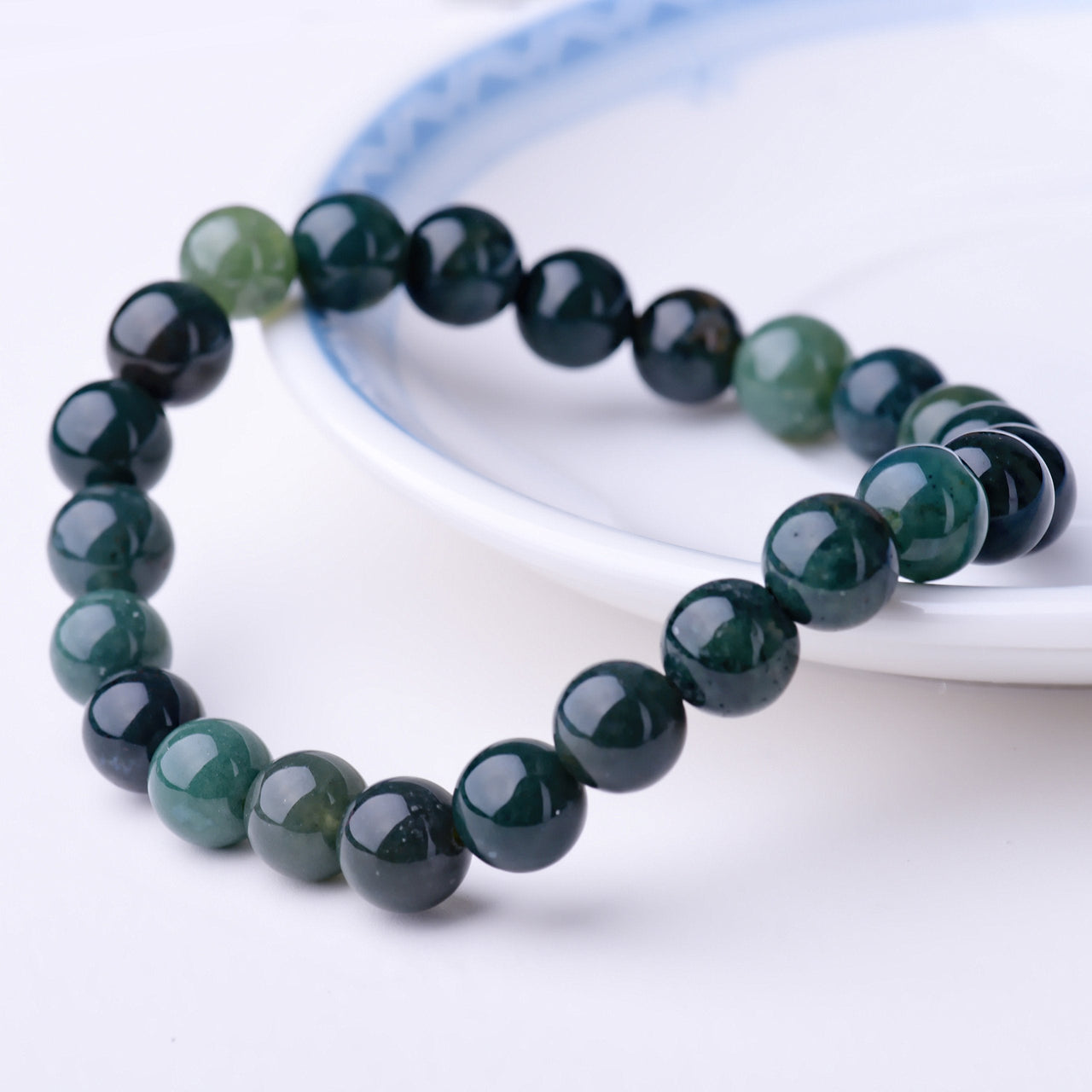 WRCXSTONE Natural 8mm Gorgeous Semi-Precious Gemstones Healing Crystal Stretch Beaded Bracelet Unisex Aquatic Agate